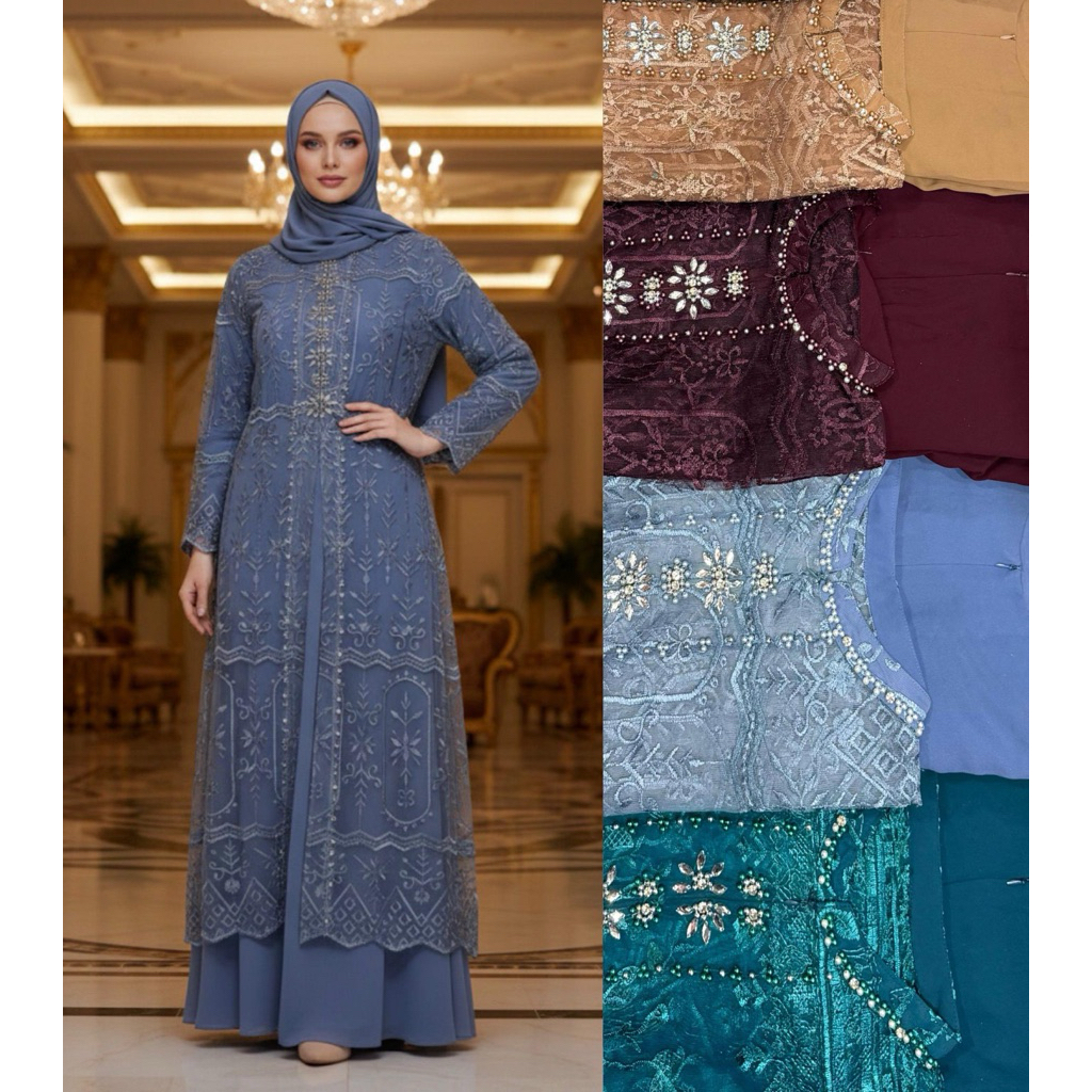 GAMIS BROKAT OUTER 2 IN 1 BAHAN BRUKAT MUTIARA MIX SERUTY