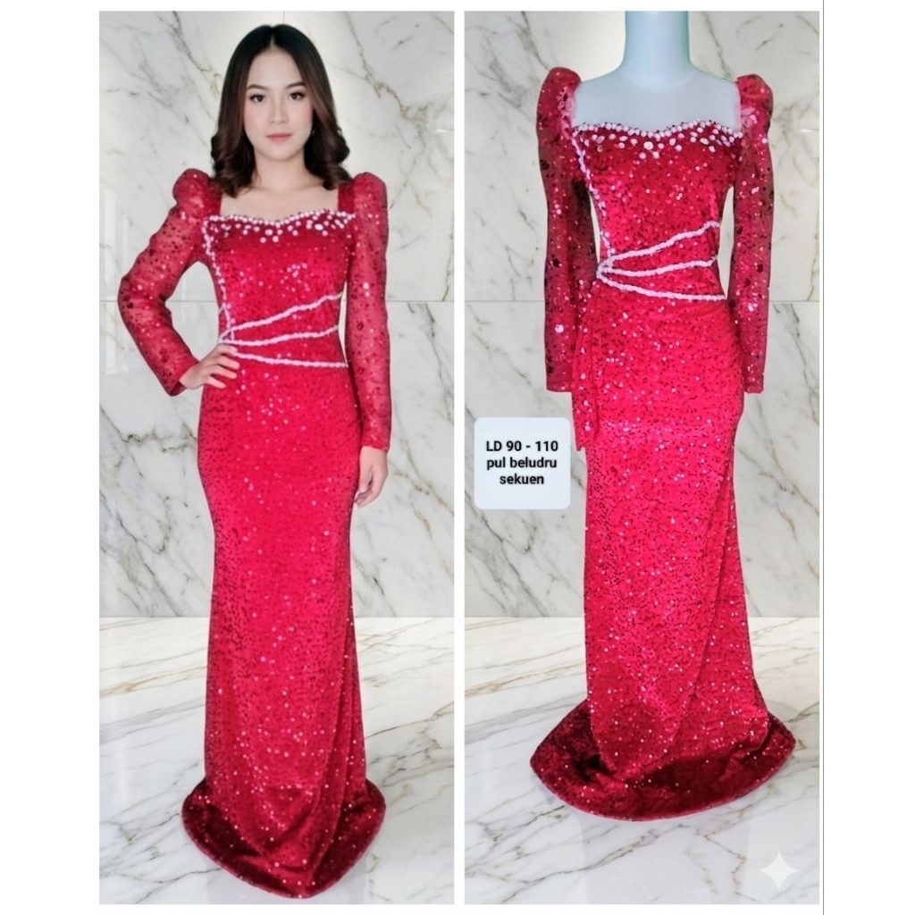BAJU PENYANYI DAN PESTA DRESS WARNA MERAH TANGAN PANJANG PUL BELUDRU SEKUEN LD 90 - 110