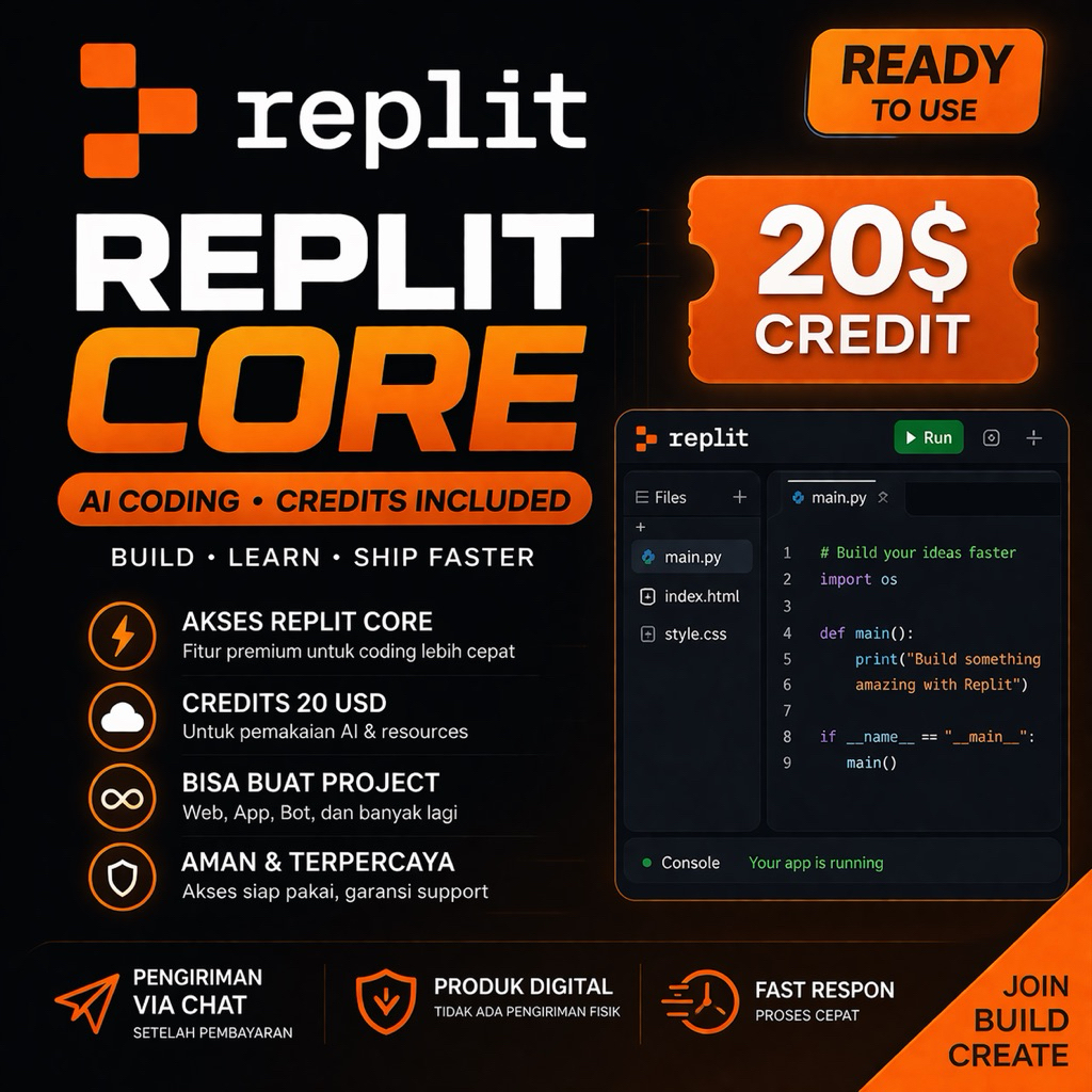 Replit Core AI Coding Credits $20 Akses Pro Private 1 bulan
