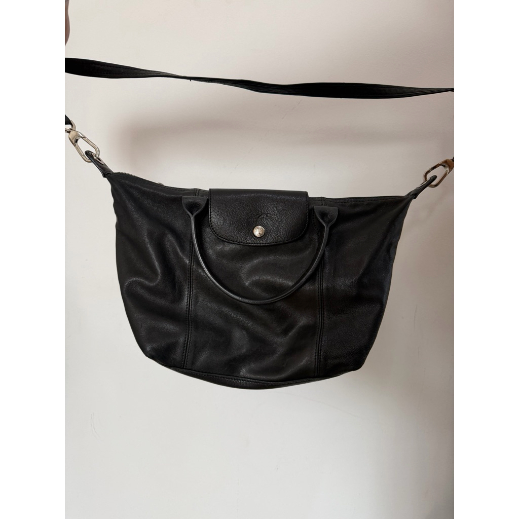longchamp le pliage cuir black sz small secondhand