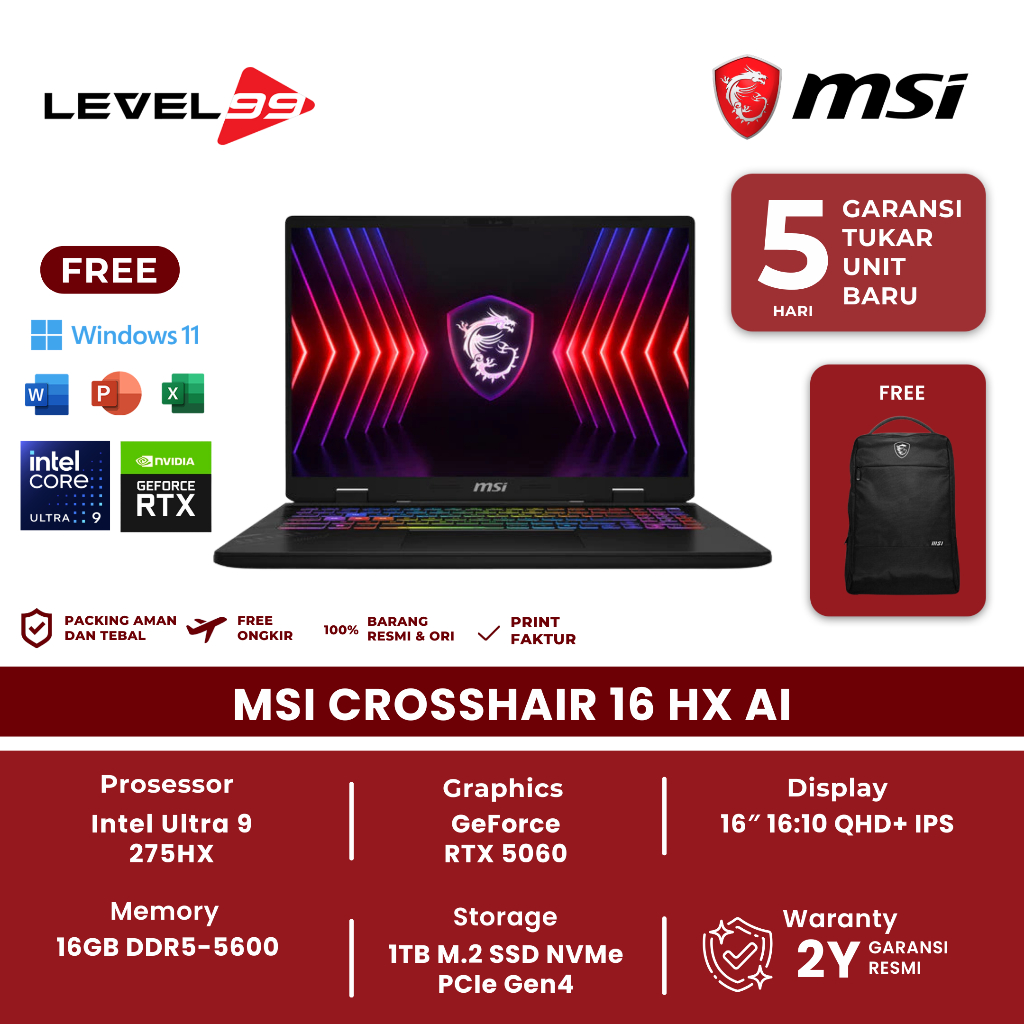 MSI CROSSHAIR 16 HX AI ULTRA 9 275HX RTX5060 8GB 16GB 1TB W11+OHS 16" QHD+ 240HZ