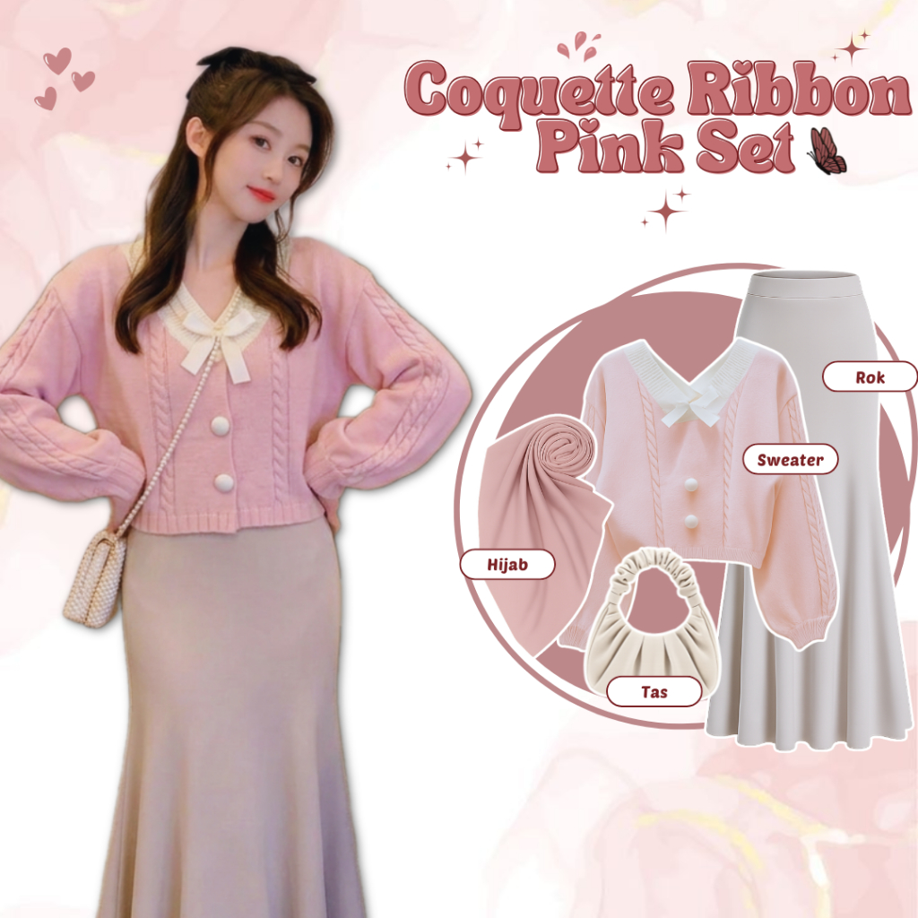One Set Remaja Korea Kekinian - Sweater Pita + Rok Duyung + Hijab - Setelan Hijab Wanita - OOTD Hang