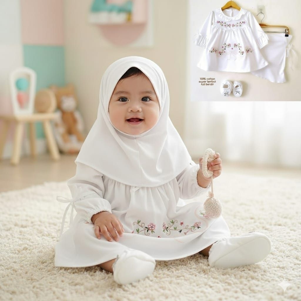Gamis bayi perempuan,gamis bayi akikah,Gamis bayi perempuan putih set,dress bayi putih,gamis aqiqah 