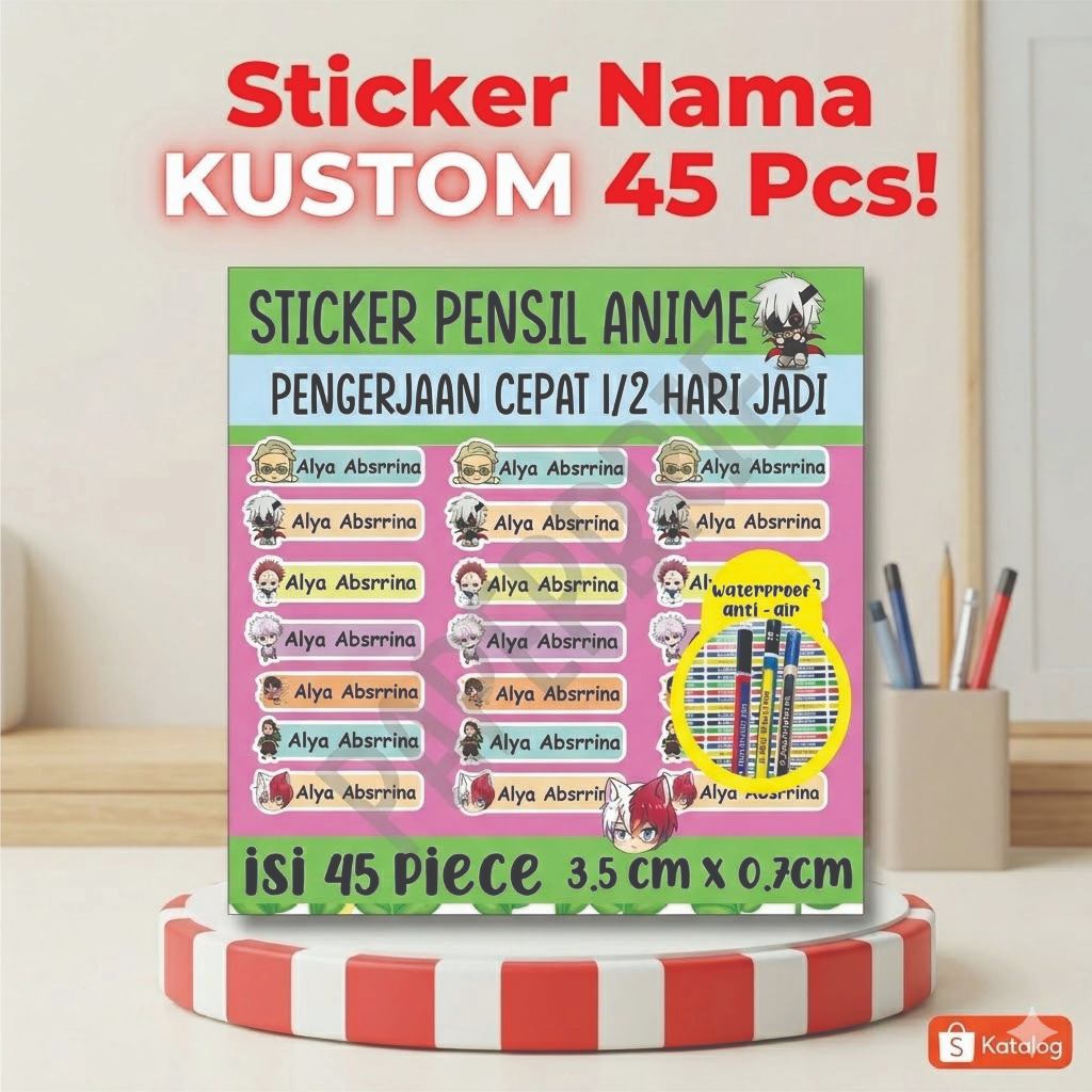 Sticker Pensil Anime - Stiker Nama Anak, Label Pensil, Buku, Crayon, Motif Unicorn Simple, Lucu