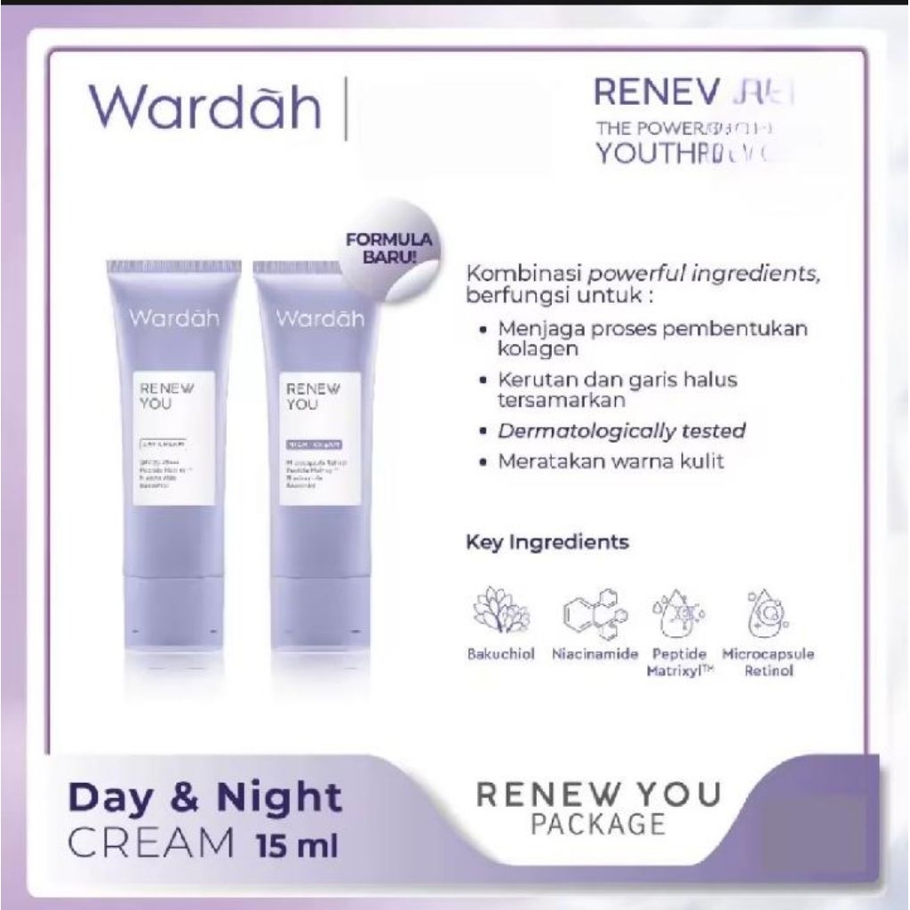 Wardah Renew You Day / Night Moisturizer Cream 15ml Krim Siang dan Krim Malam Anti aging 15 ml