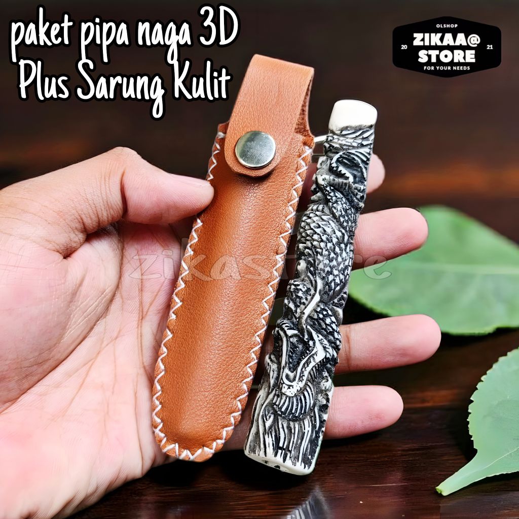 paket hemat pipa cangklong ukir naga 3D gg plus sarung kulit
