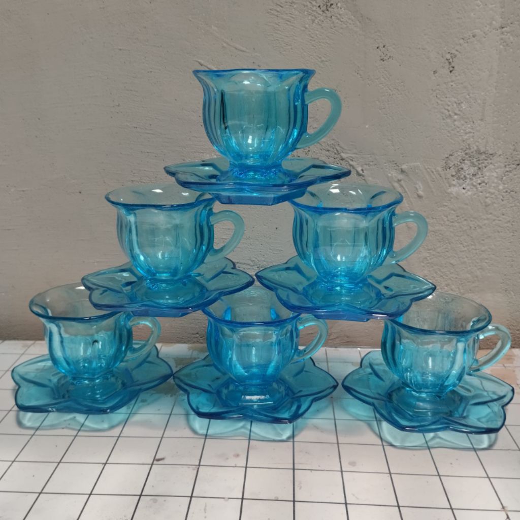 6set gelas kaca kristal antik warna biru merona