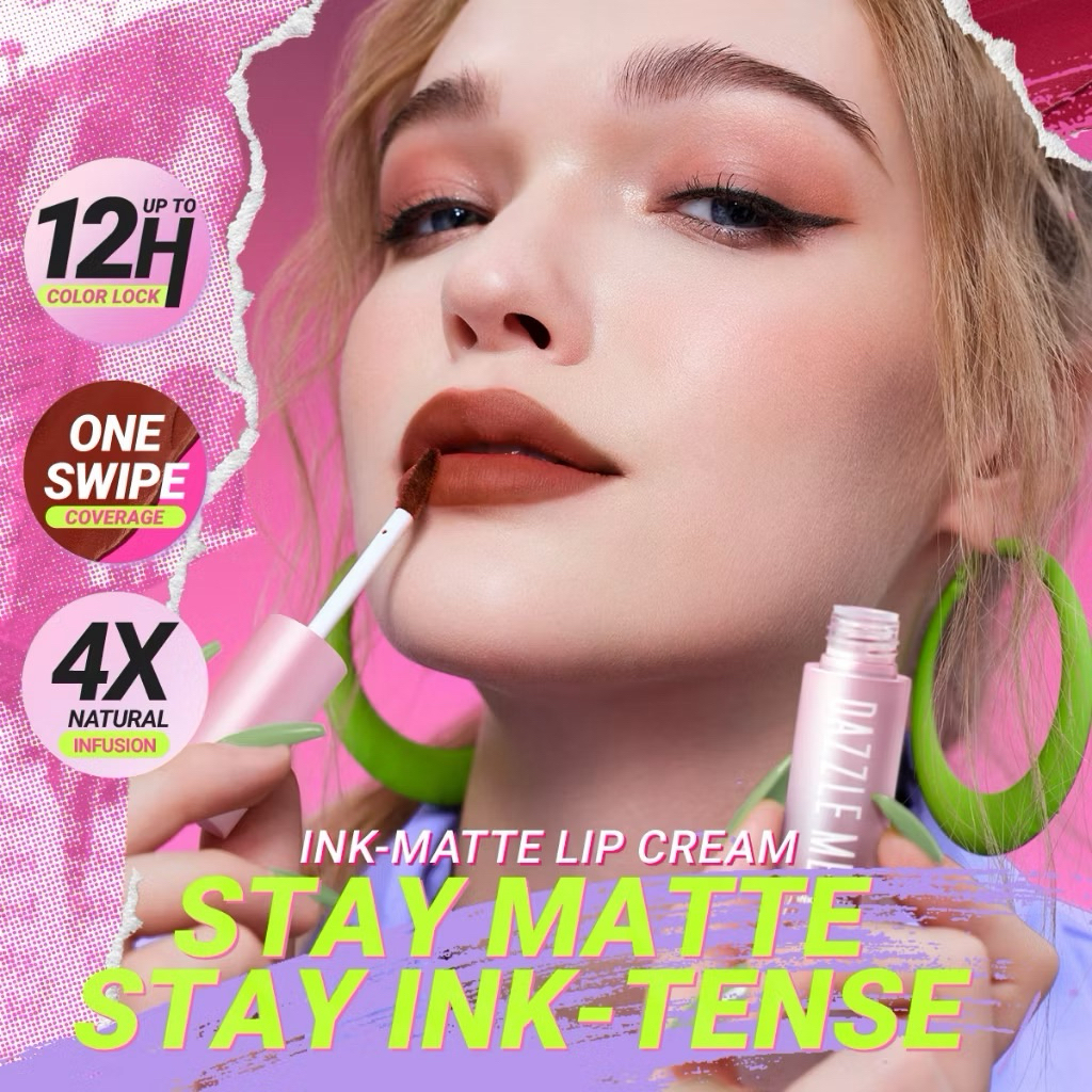 DAZZLE ME Ink-Matte Lip Cream High Pigmented Matte Finish Long Lasting Tahan 12 Jam Transferproof Wa