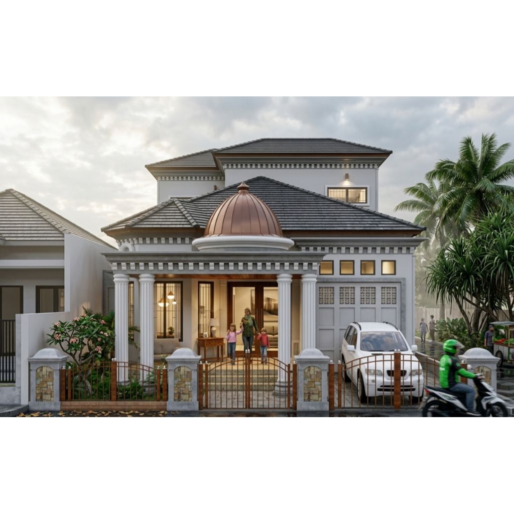 paket desain rumah klasik 2 lantai. 4 kamar tidur, LT 13x25. jasa desain rumah, gambar arsitek rumah