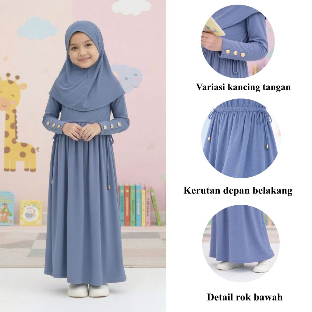 Gamis Anak Perempuan Kekinian + Hijab - Gamis Anak Perempuan Dress Muslim Anak Cantik Nyaman
