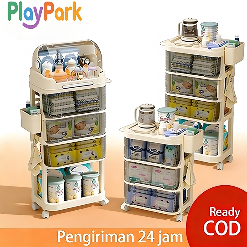 PlayPark Rak Troli Bayi Rak Troli Bayi Rak Penyimpanan Bayi Multifungsi dengan Kotak Botol & Roda 36