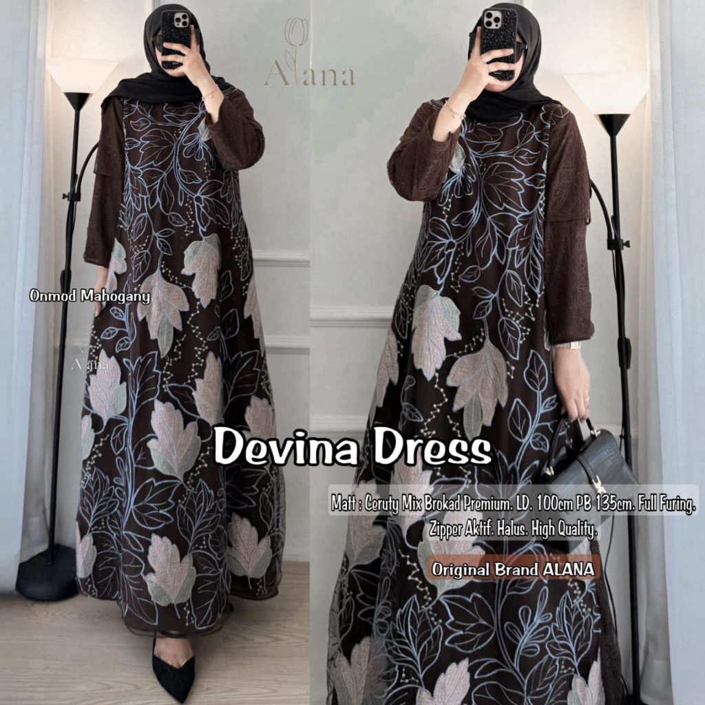 Devina dress gamis ceruti mix brokat LD 100cm baju kondangan pesta realpict by alana