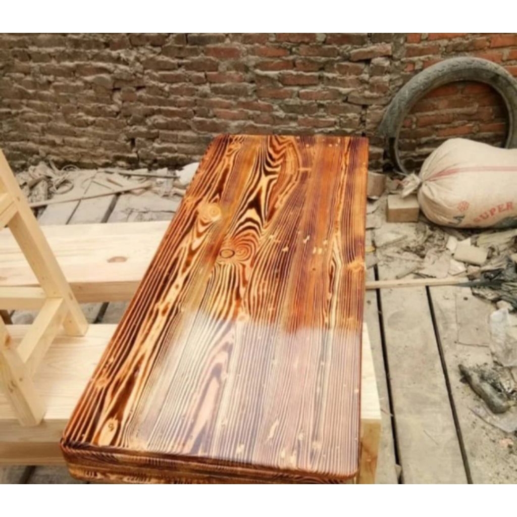 papan kayu jati belanda 120 x 40 x 2 cm motif bakar vernis