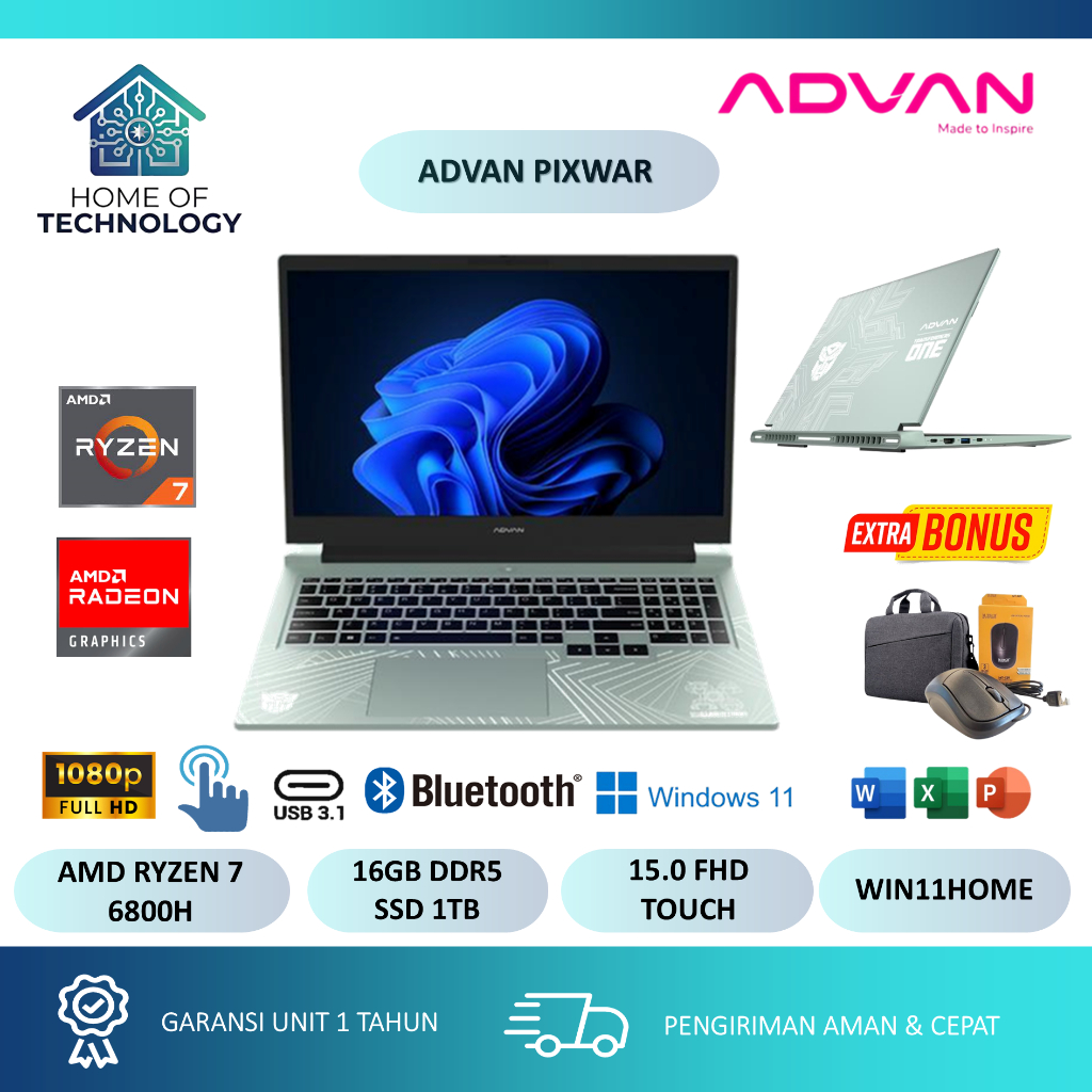 Laptop Gaming Touch Advan Pixwar AMD Ryzen 7 6800H 16GB DDR5 512GB Display 15 Inch FHD Windows 11
