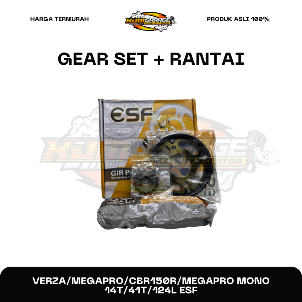 GEAR SET + RANTAI VERZA/MEGAPRO/CBR150R/MEGAPRO MONO 14T/41T/124L ESF