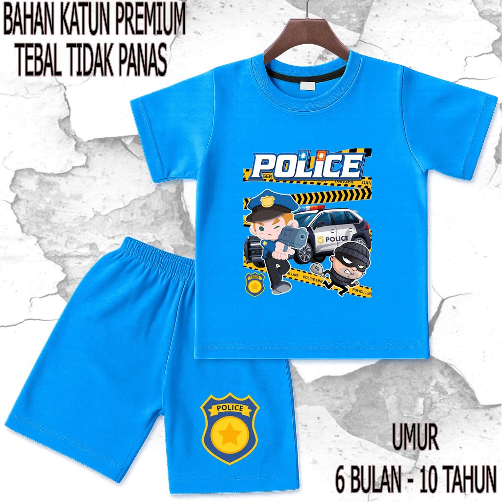 setelan baju anak - anak polisi mobil umur/tahun 6 bulan - 10 tahun bahan katun premium sablon DTF
