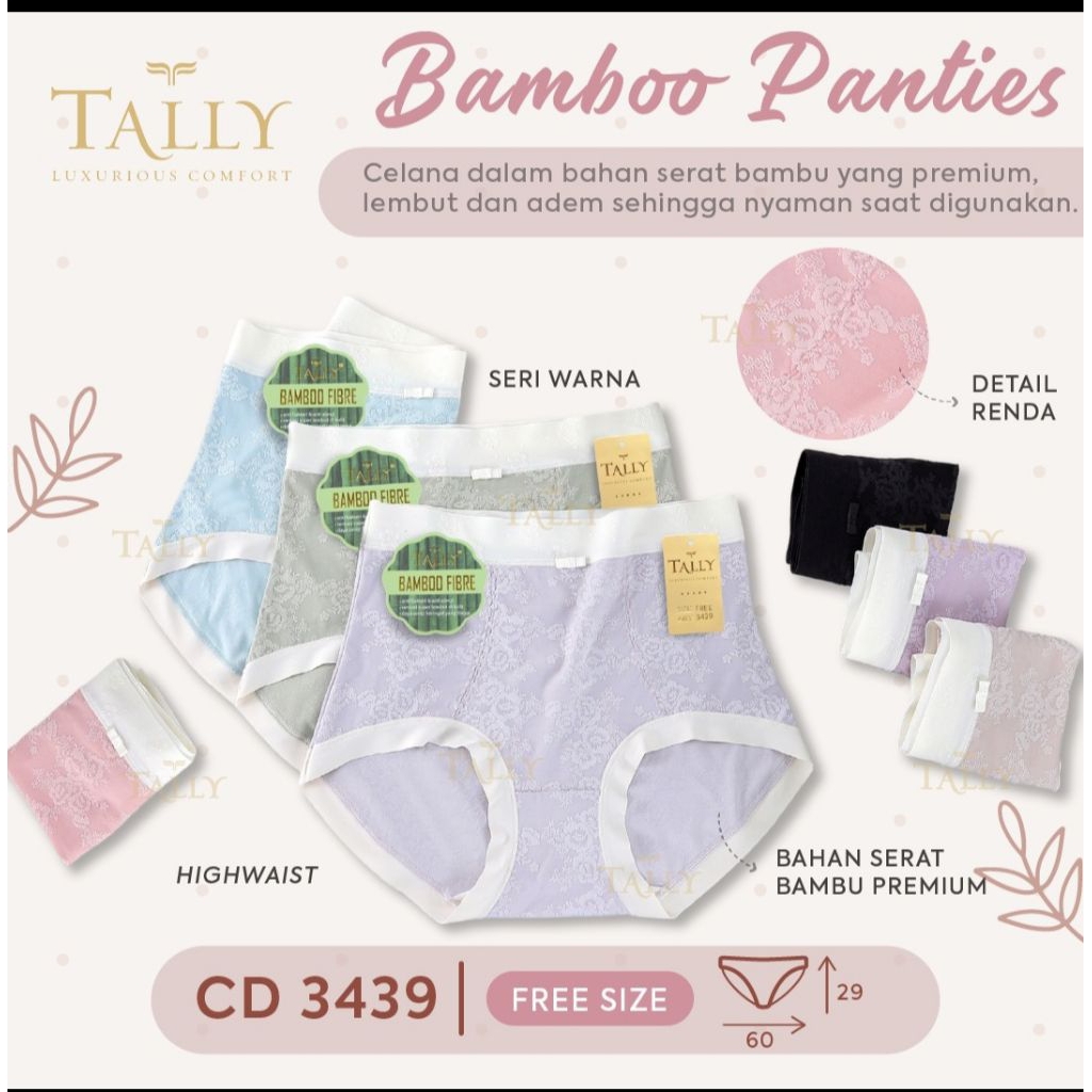 Tally 3439 Celana dalam wanita katun Bamboo renda Highwaist Free size