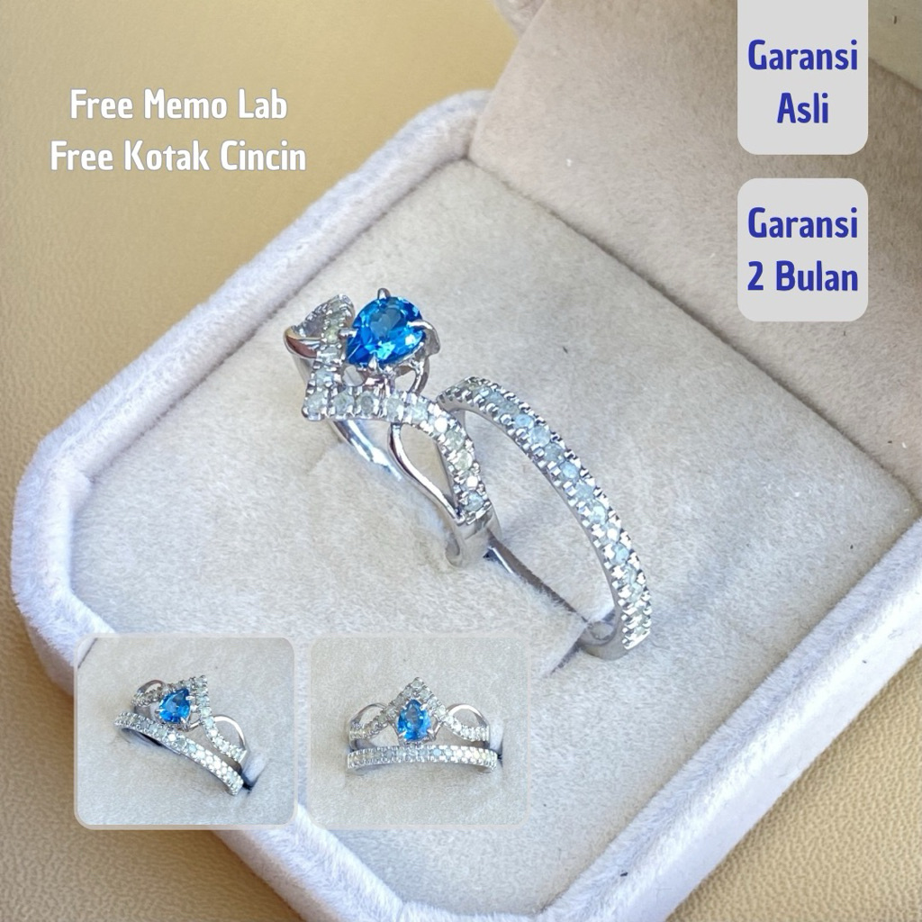 Cincin wanita berlian asli dan blue topaz , mewah & elegan ,  set isi 2