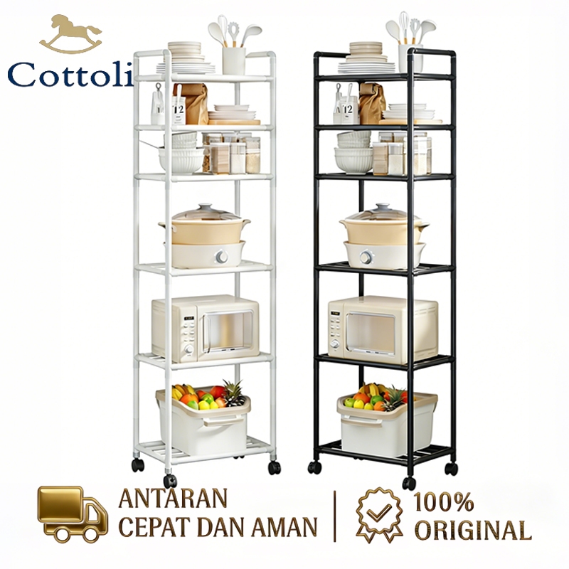 Cottoli Rak Dapur Penyimpanan 4/5/6 Tingkat Rak Lantai Beroda Dengan Roda Rak Dapur Besi Kitchen Rak