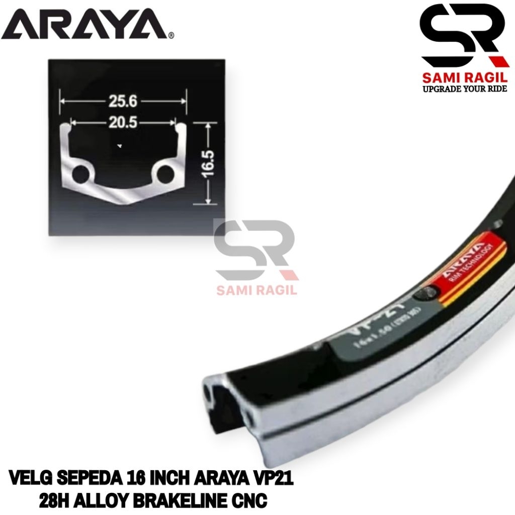 VELG SEPEDA 16 ARAYA VP21 MURNI RING 16" INCH LUBANG 28H 28 HOLE ALLOY BRAKELINE BRAKE LINE CNC LIPA
