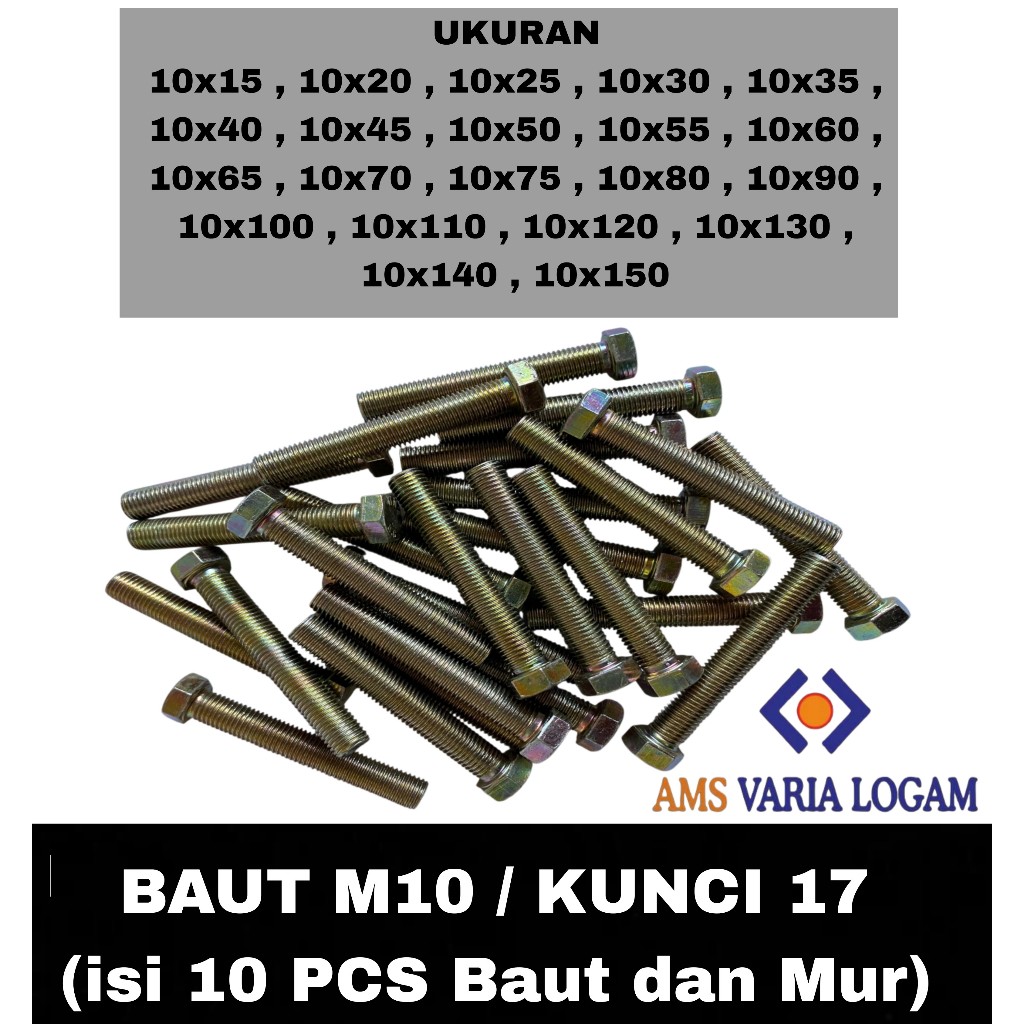 10 PCS Baut Mur M10 Hexagon Kuning (KUNCI 17) / BAUT M10 / Baut mur MURAH / BAUT MUR M10 PANJANG 15 
