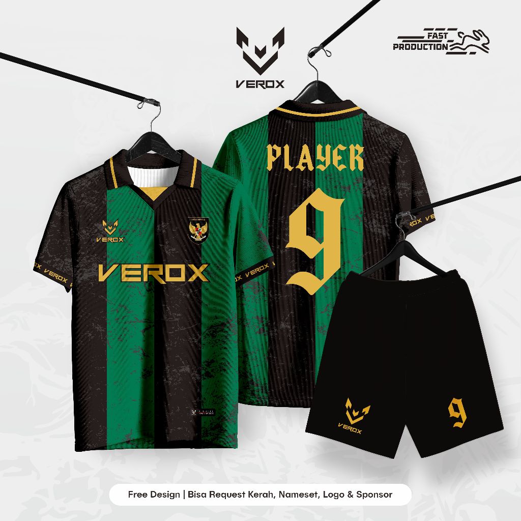 Jersey Bola futsal full Printing Hijau Hitam Kerah Retro ~ Free custom Design 25006