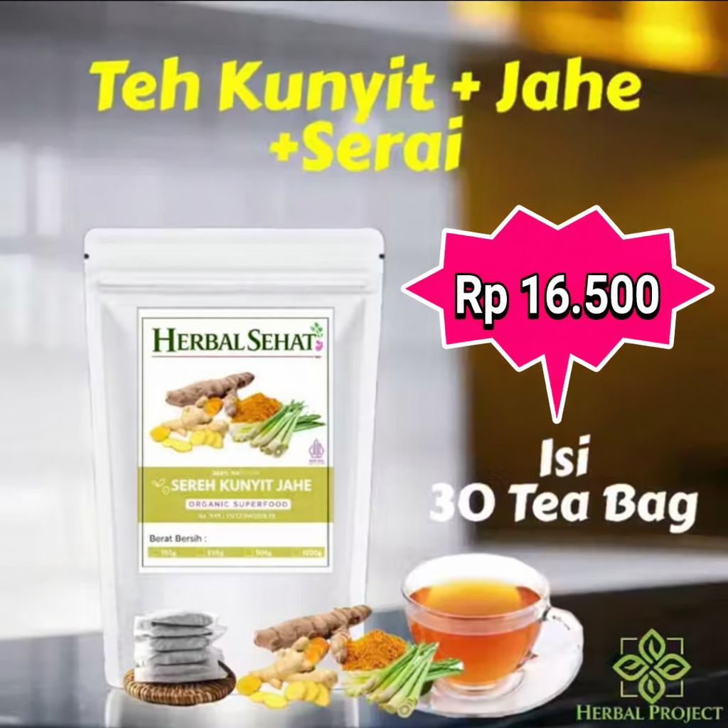TEH KUNYIT,JAHE & SERAI | teh herbal asam lambung. herbal diet alami.
