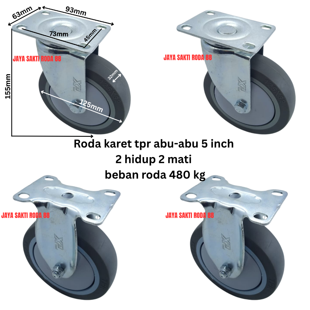 Roda troli karet tpr abu-abu plat xp 5 inch 2 hidup & 2 mati beban roda 480 kg