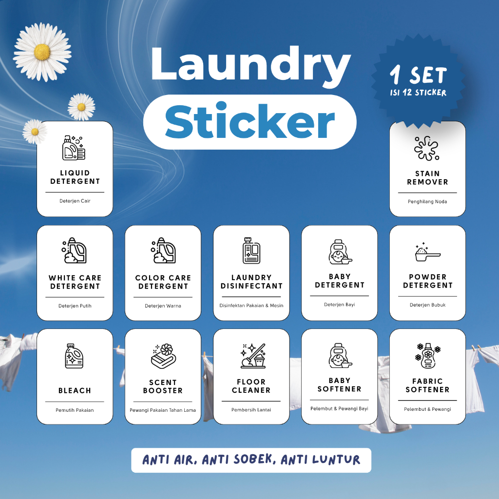 [12 pcs] Sticker Label Laundry, Detergent, Sabun, Cuci Baju, Cleaner Tahan Air 4x5cm