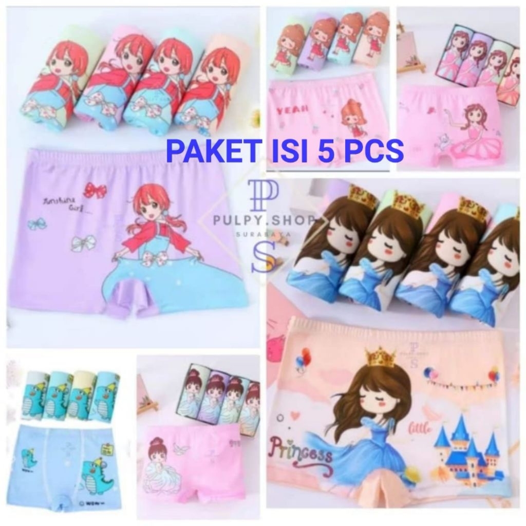 Paket 5 Pcs Celana Dalam Boxer Anak Wanita CD Cewek Dalaman Perempuan
