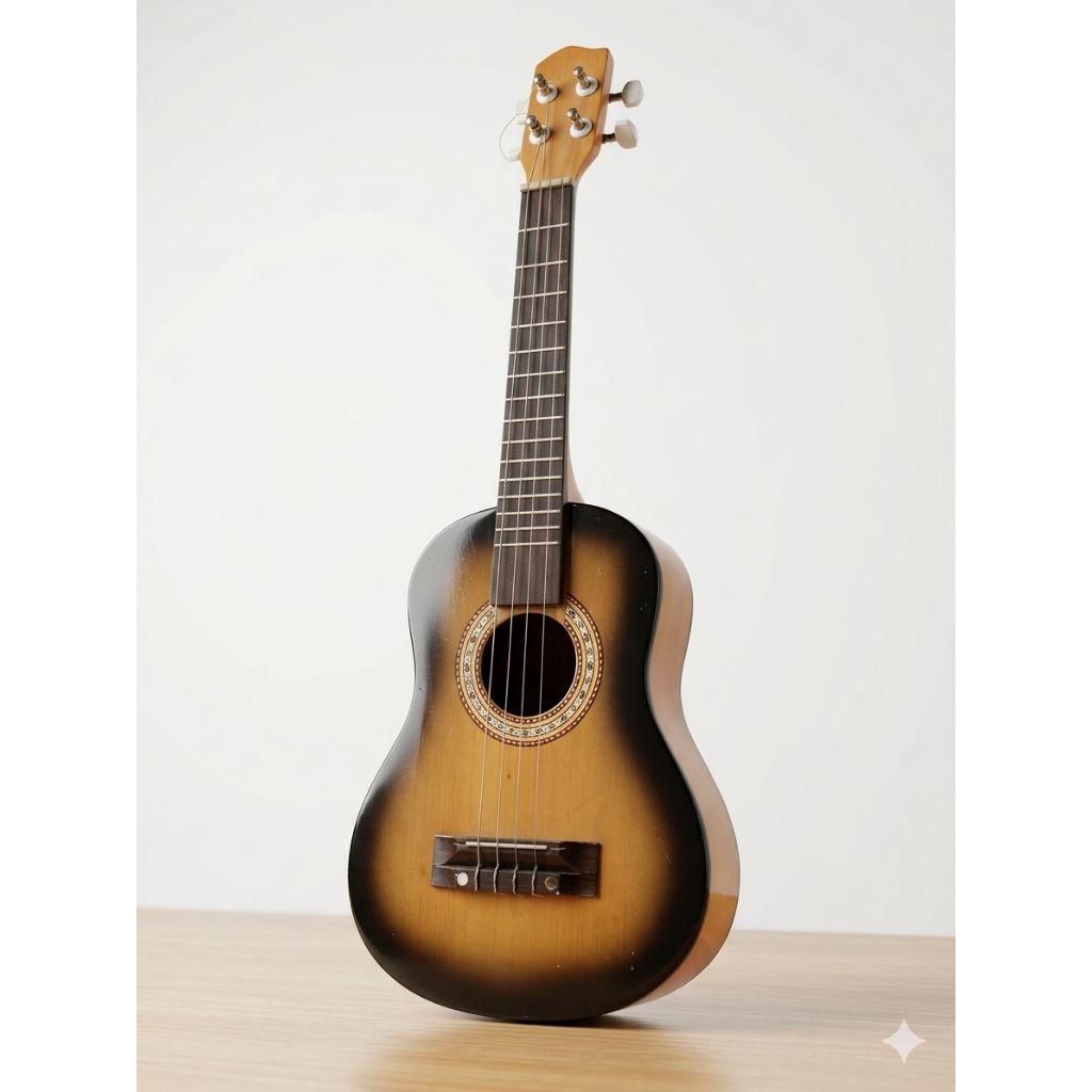 Gitar Ukulele Kecil Senar 4 Akustik Brown Sunburst – Body Kayu Solid Tone Vintage Warm untuk Pemula 