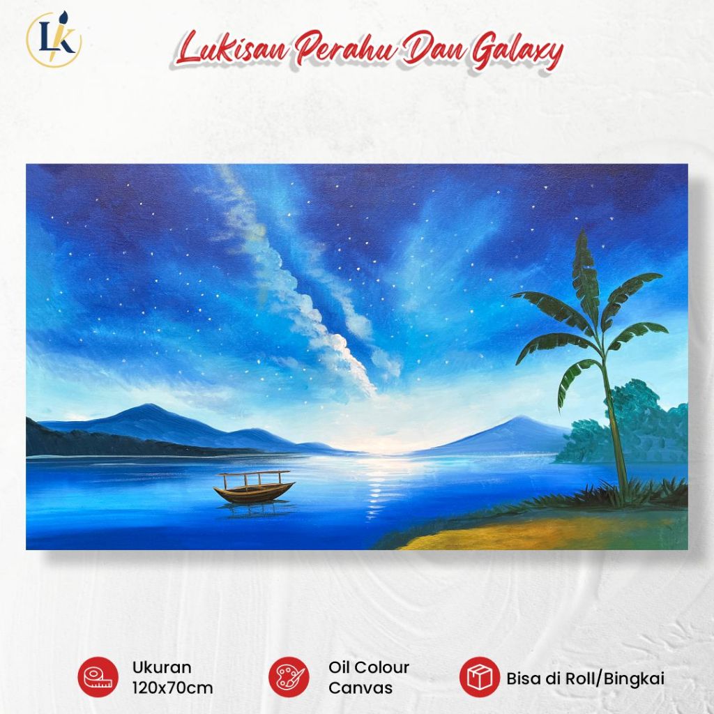 Lukisan Kanvas - Lukisan Pemandangan Danau Malam 120x70cm Handmade Hiasan Dinding Ruang Tamu