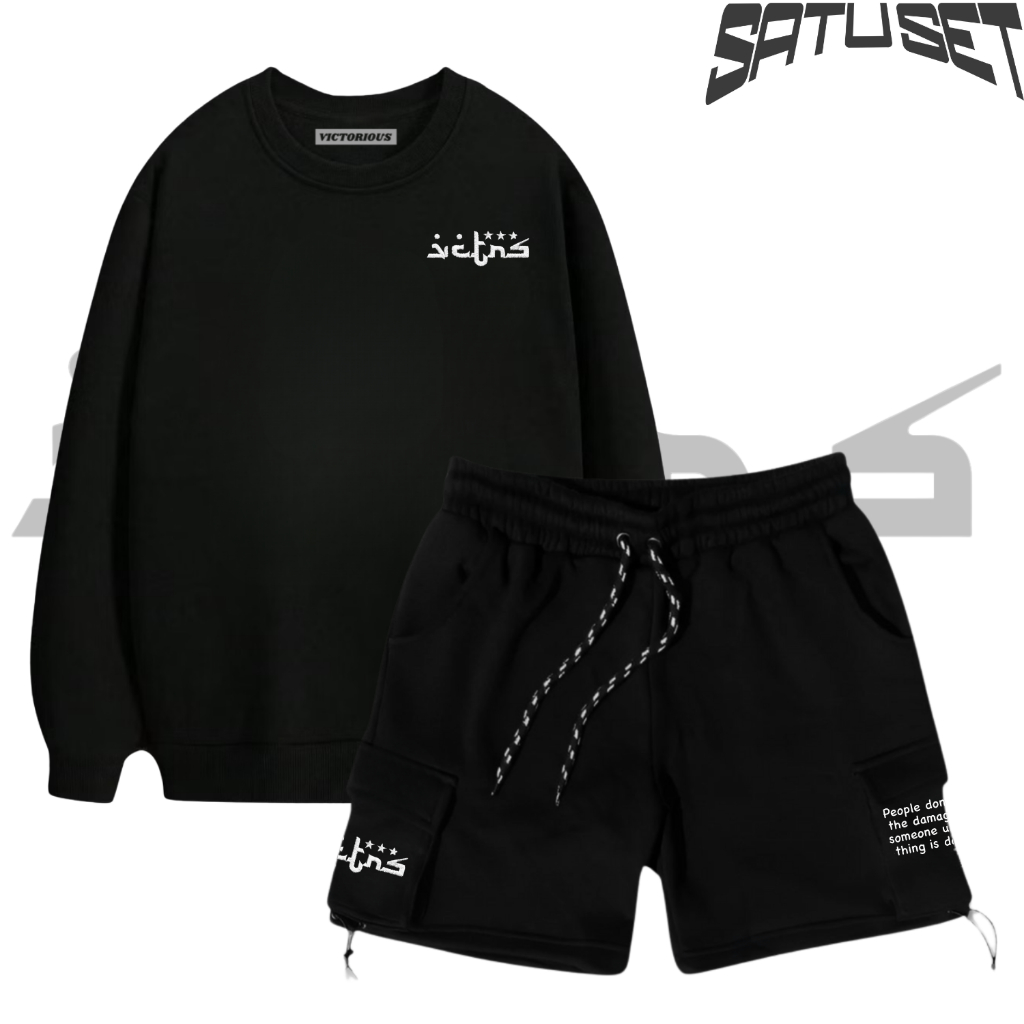 NEW Setelan VCTRS Crewneck Hitam Dengan Celana Cargo Pendek Hitam Keren Terbaru Pria Wanita Distro B