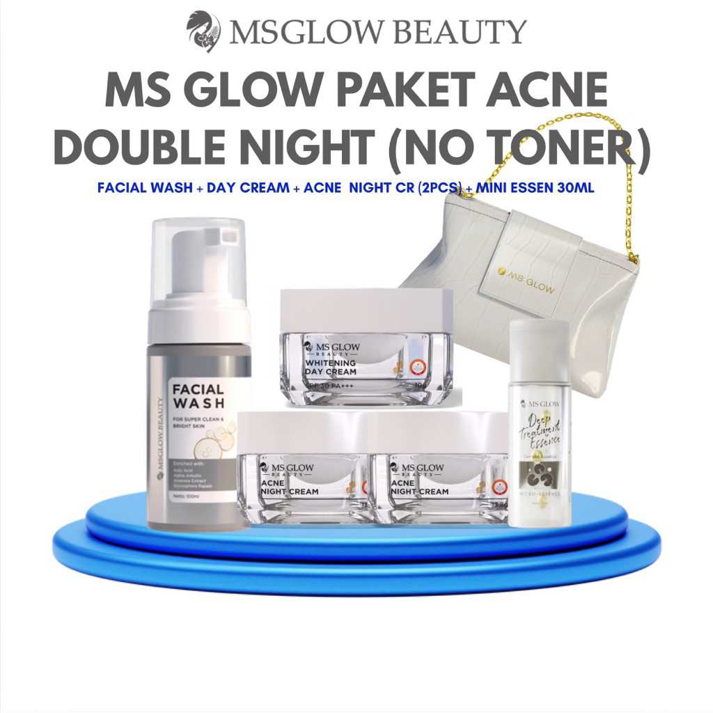 (Free Serum Elixir/Mini Essence) MSGLOW PAKET WAJAH DOUBLE NIGHT CREAM TANPA TONER|PAKET ACNE|LUMINO