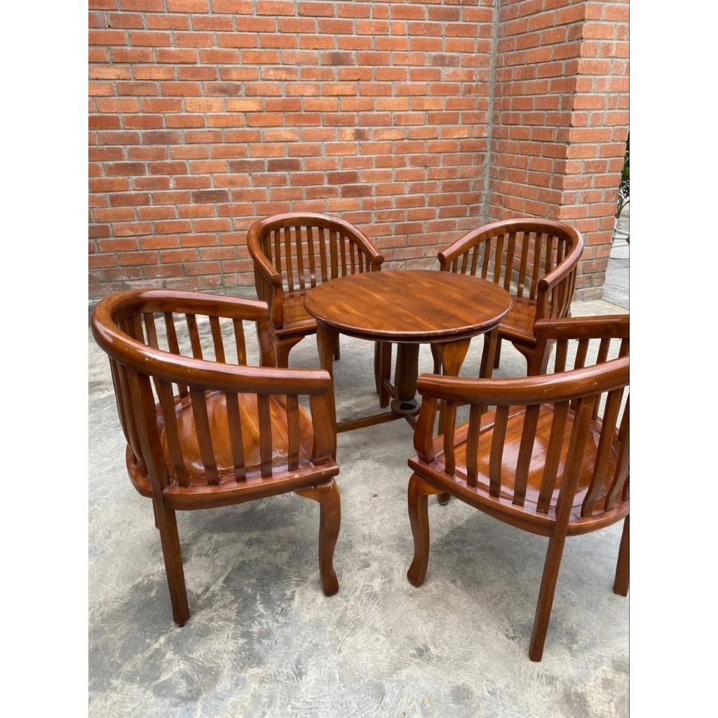 Kursi Teras Kayu Jati Set Lengkap  4 Kursi + Meja Bundar Model Betawi