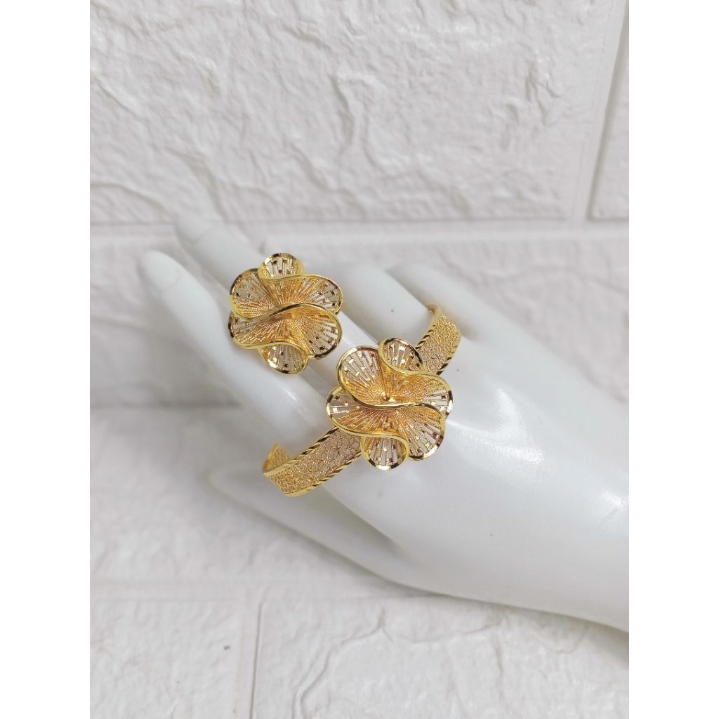 Gelang set cincin bunga tipis kembang lapis emas 24 karat