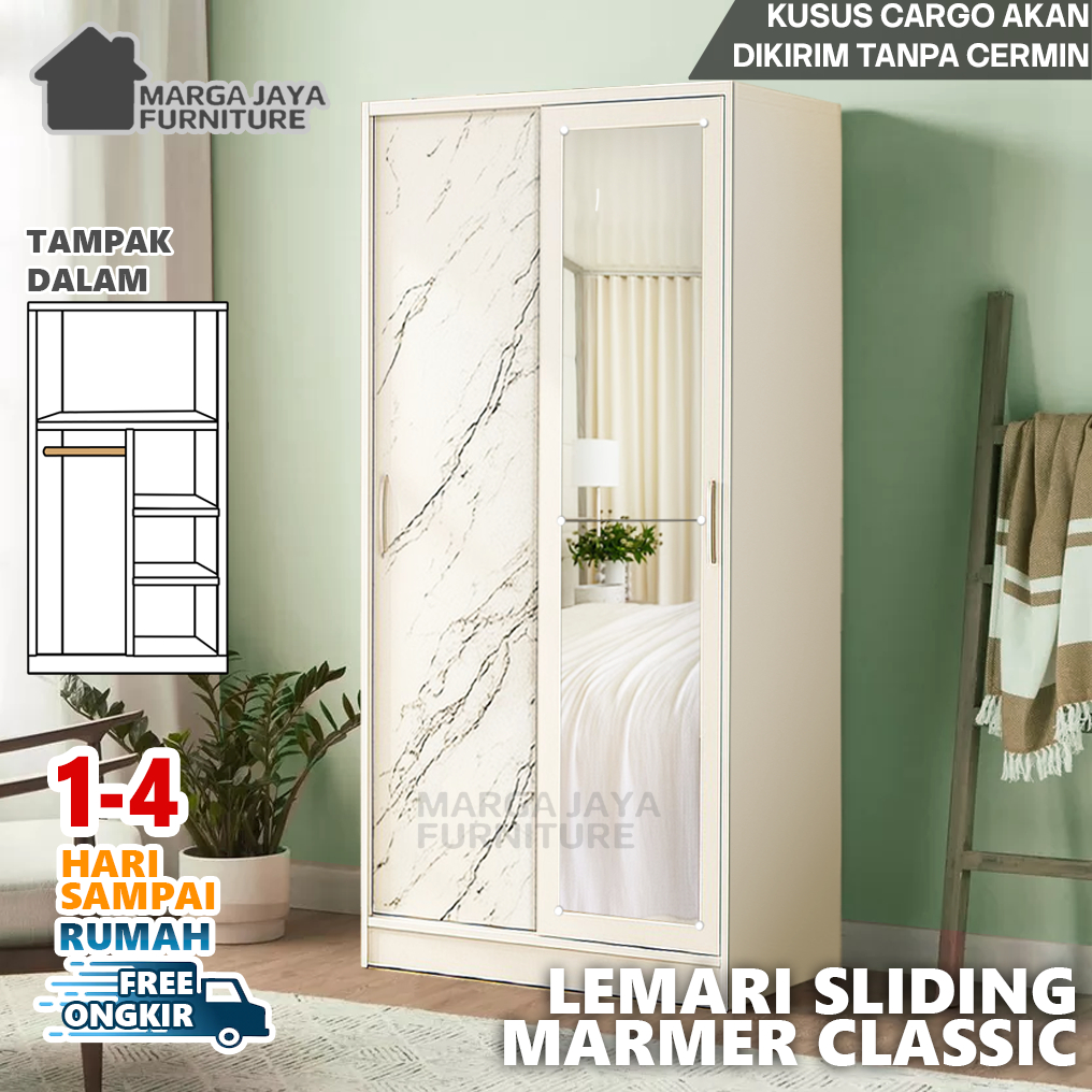 MARGAJAYA Lemari Pakaian Sliding 2 Pintu Geser Marmer Putih Minimalis