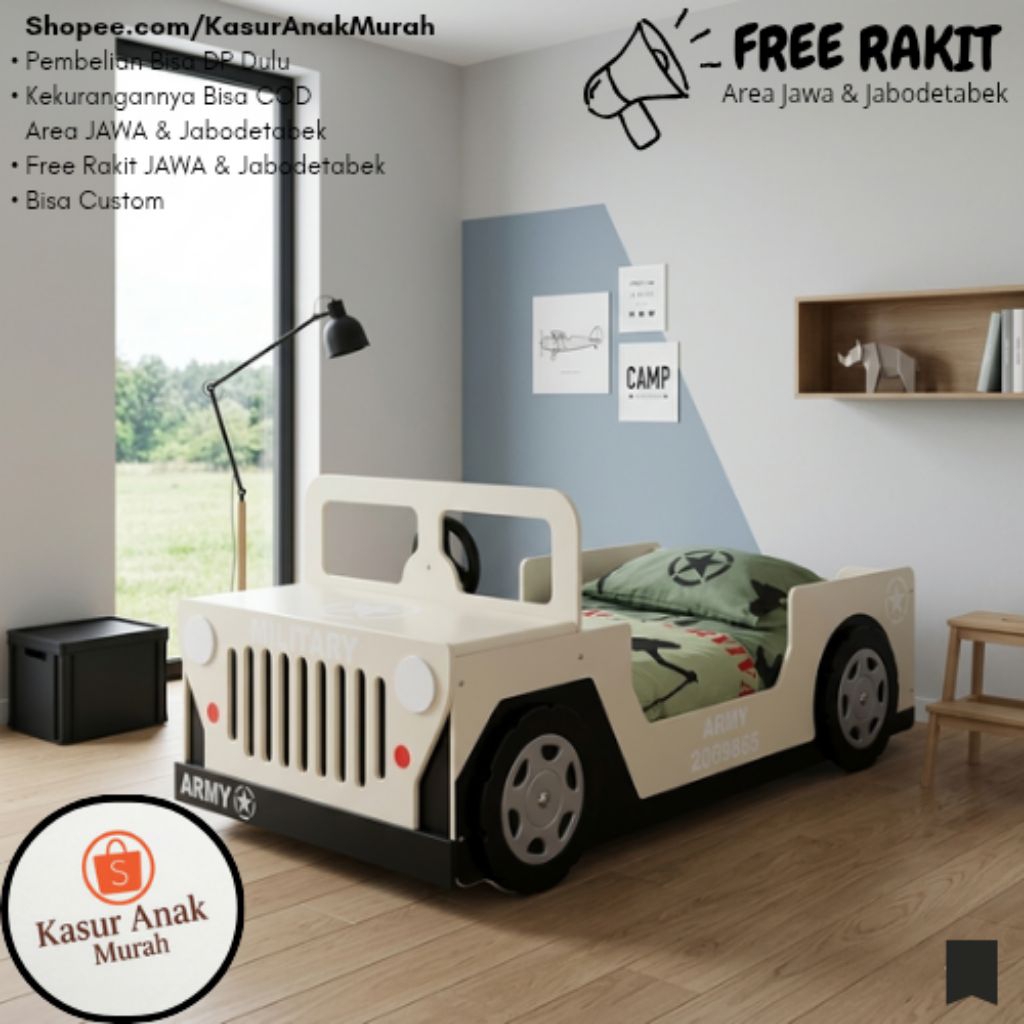 Tempat Tidur Anak Kayu Custom Mobil , Ranjang Single Karakter Minimalis