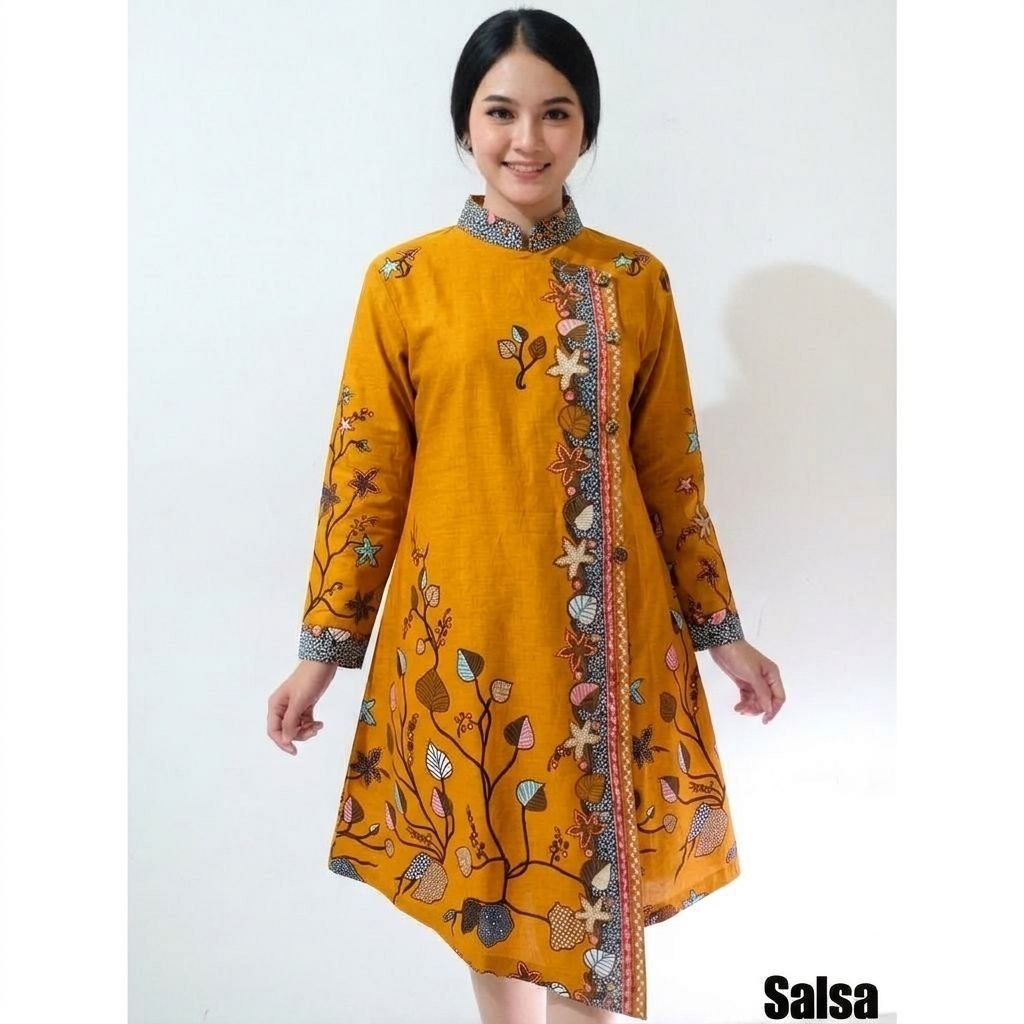 tunik batik atasan wanita kerja kantoran dinas warna kuning kunyit kuning hitam black kuning putih m