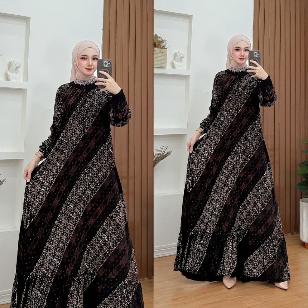 Gamis muslim batik cap model ruffle lengan panjang gaun muslim batik cap premium dress rayon muslim 