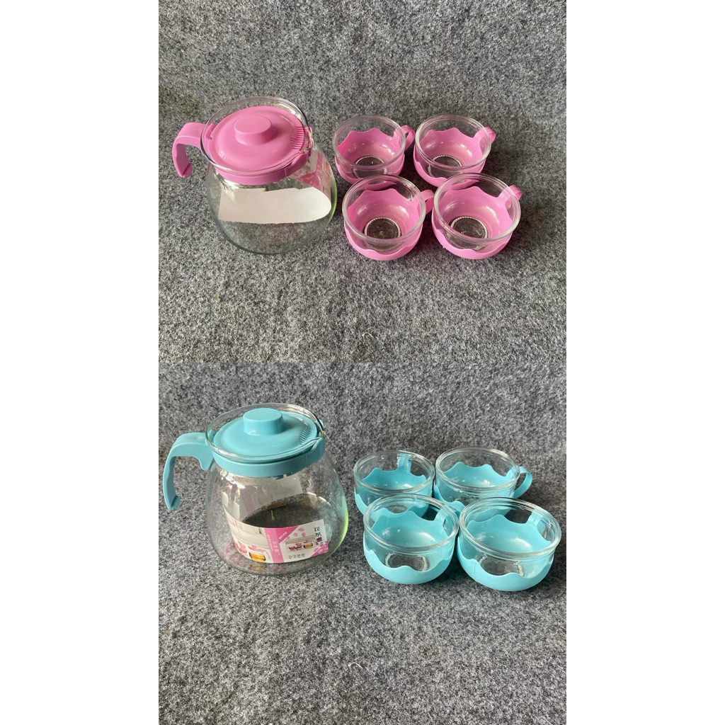 Set Teko Kaca Elegan 1 Teko 4 Cangkir - Hijau, Tahan Panas & Bening