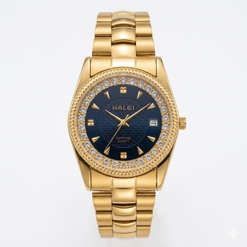 Jam Tangan Halei591M Rantai Gold Dasar Hitam Diameter 3,5cm