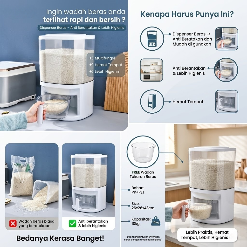 Tempat Penyimpanan Makanan - Dispenser Beras  Penyimpanan Beras  Rice Box