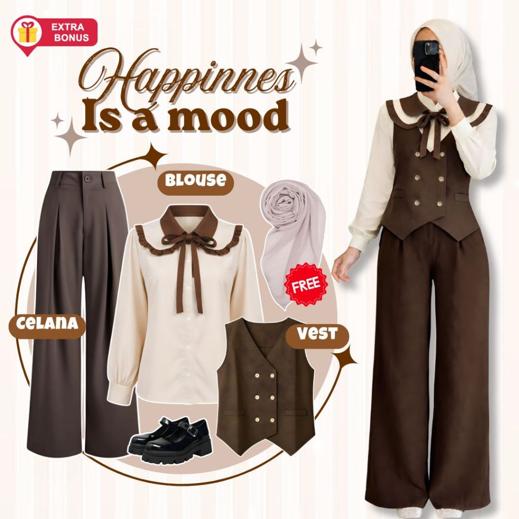 One Set 3in1 Kemeja Blouse Tali Vest Rompi Celana Jennie Knit Highwaist Free Hijab segi empat Bella 