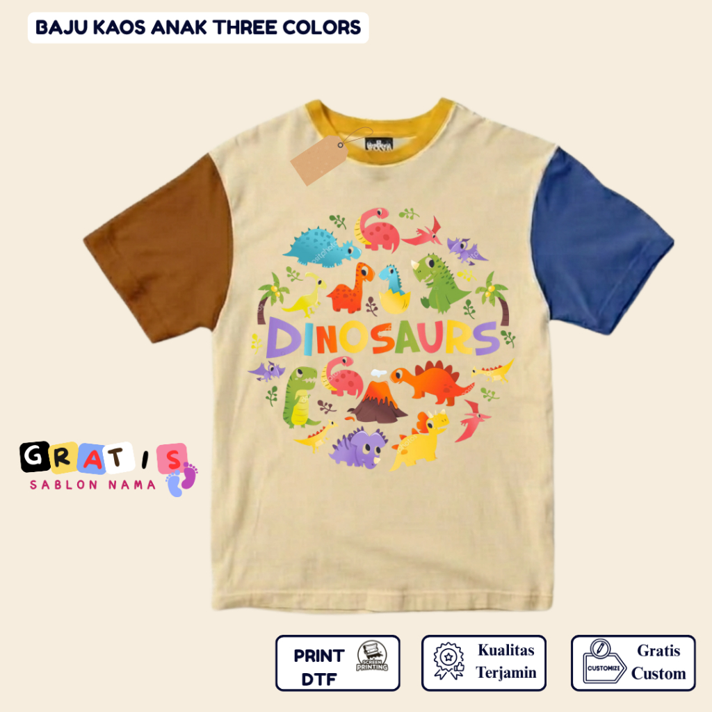 shabira tas  - Kaos Anak DINOSAURS  - Kaos Anak Pendek Three Colors Dino - Kaos Anak Sablon Nama