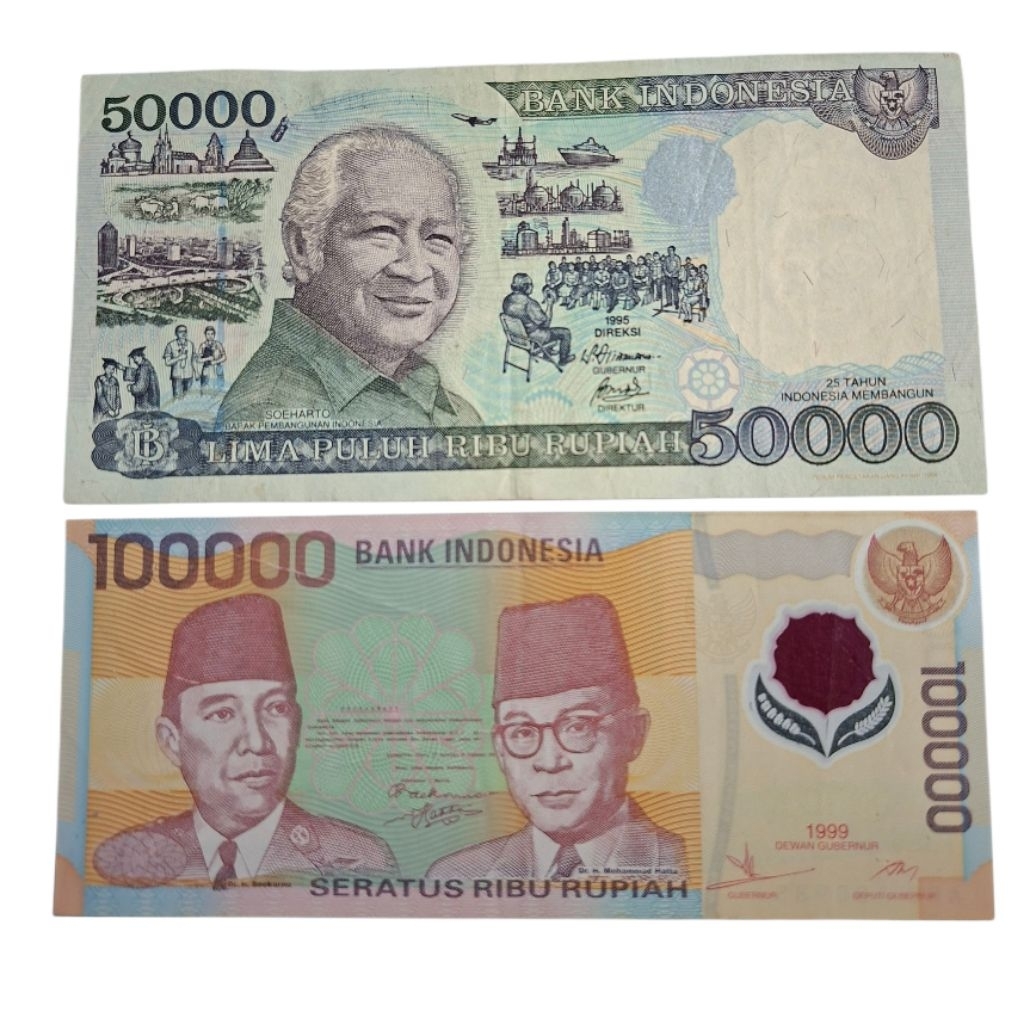 koleksi kuno 50 rb soeharto dan 100 rb polimer bekas