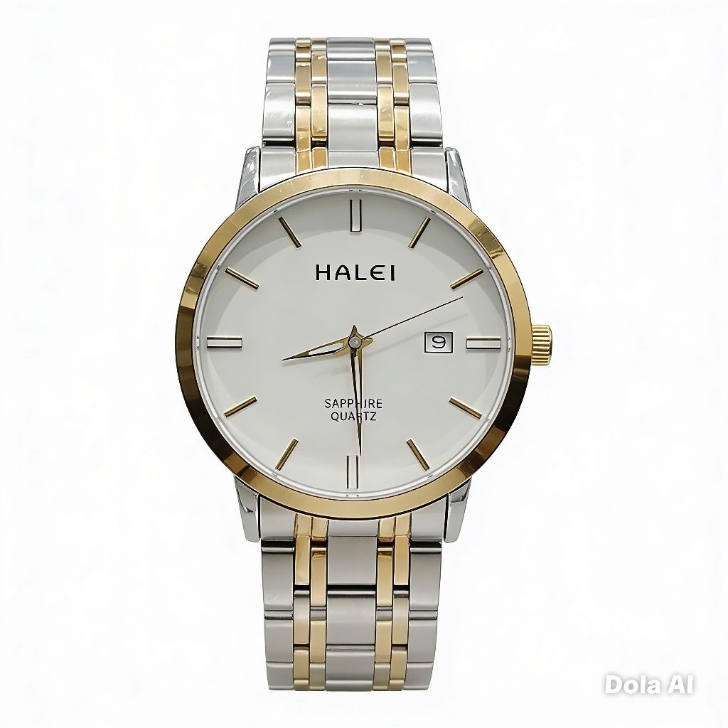 Jam Tangan Halei 593M Rantai Silver Kombinasi Gold Dasar Putih Cowok