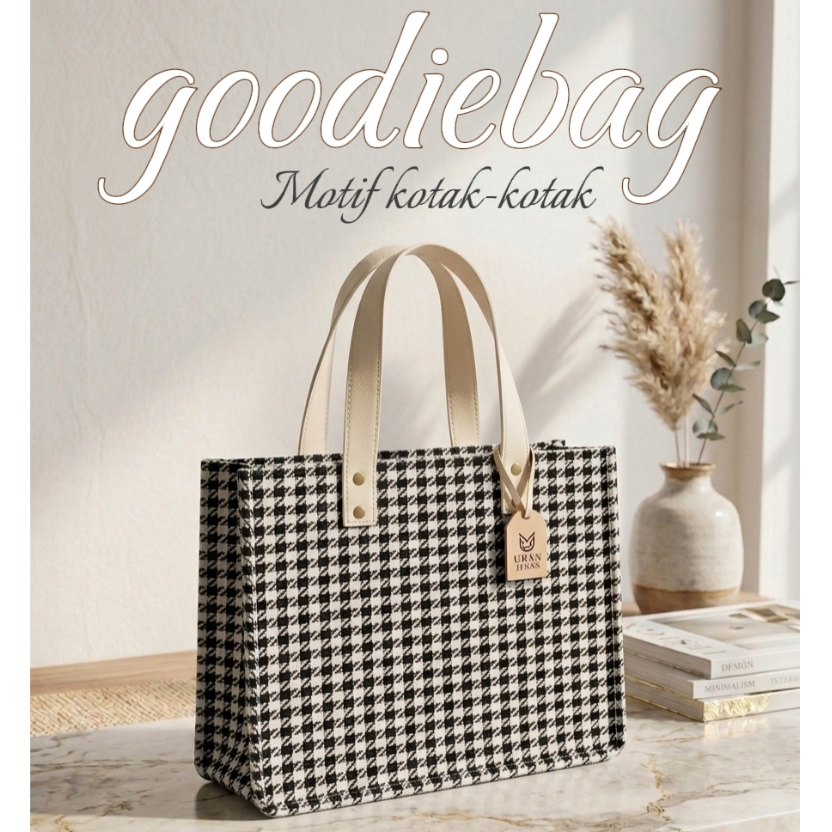 Tas Tote Bag Wanita Kanvas - Desain Elegan, Motif Mikro,kotak kotak Warna Hitam putih