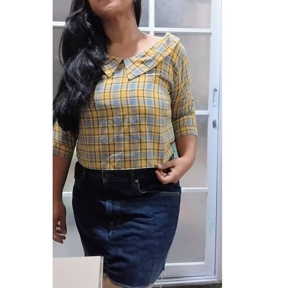 Atasan kemeja kotak kotak wanita kuning biru preloved