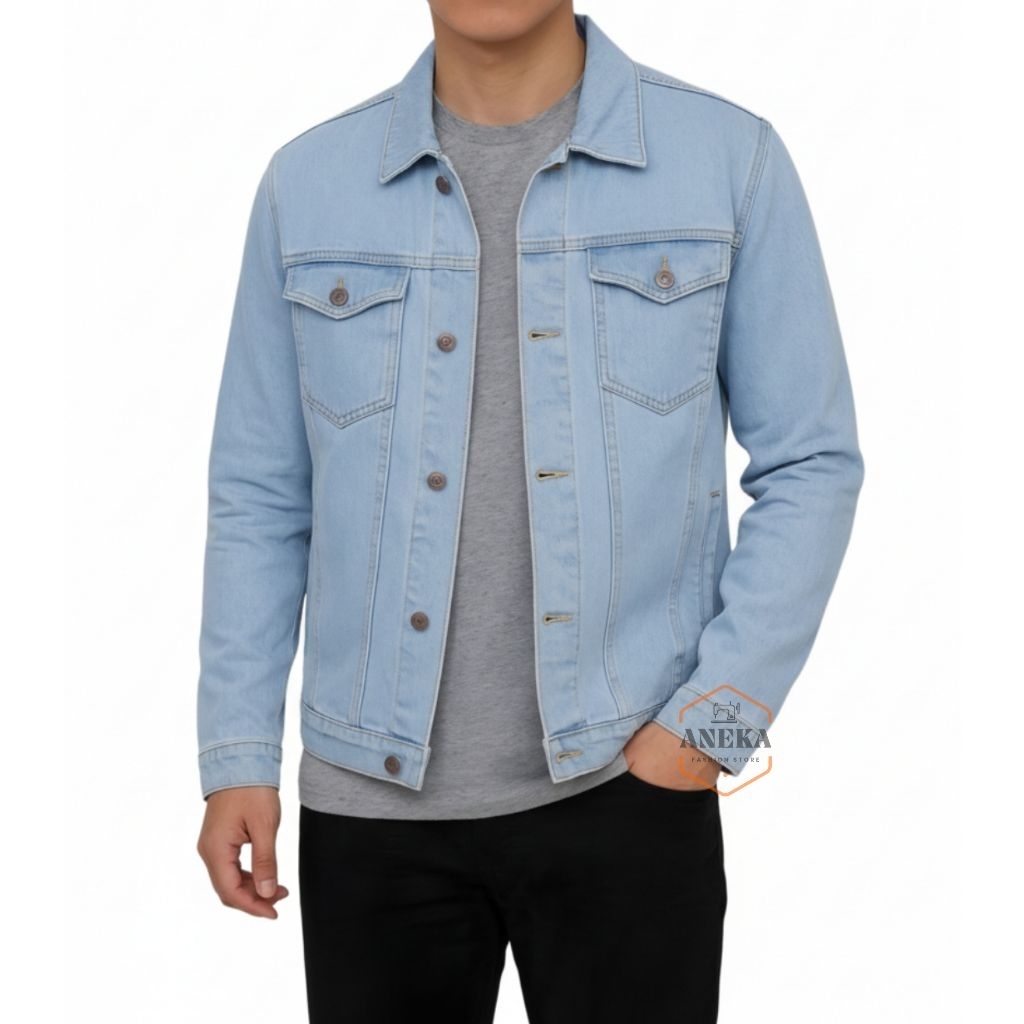 Jacket Jeans Pria Denim Slimfit Biru Muda Size M L XL